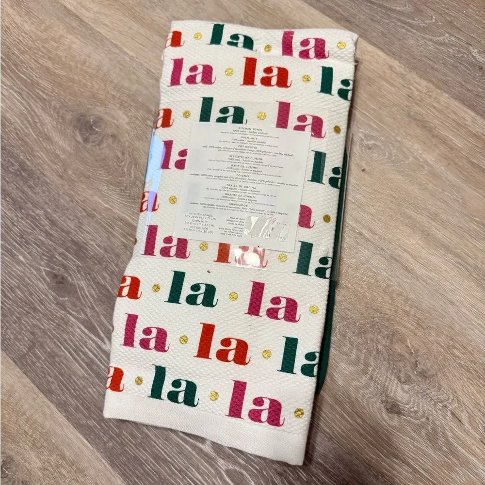 NWT Kate Spade Christmas Kitchen Set Oven Mits and Towel Fa La La